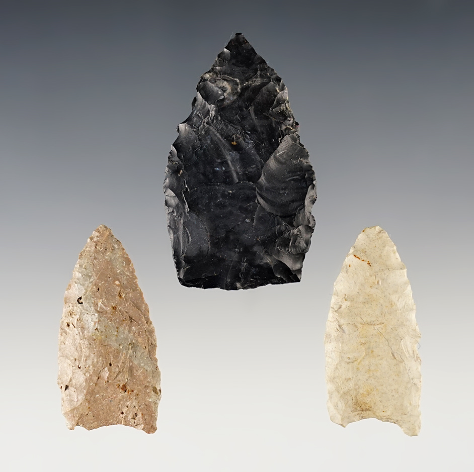 Set of 3 nice Paleo Holcombe points found in Ohio. The largest is 2".