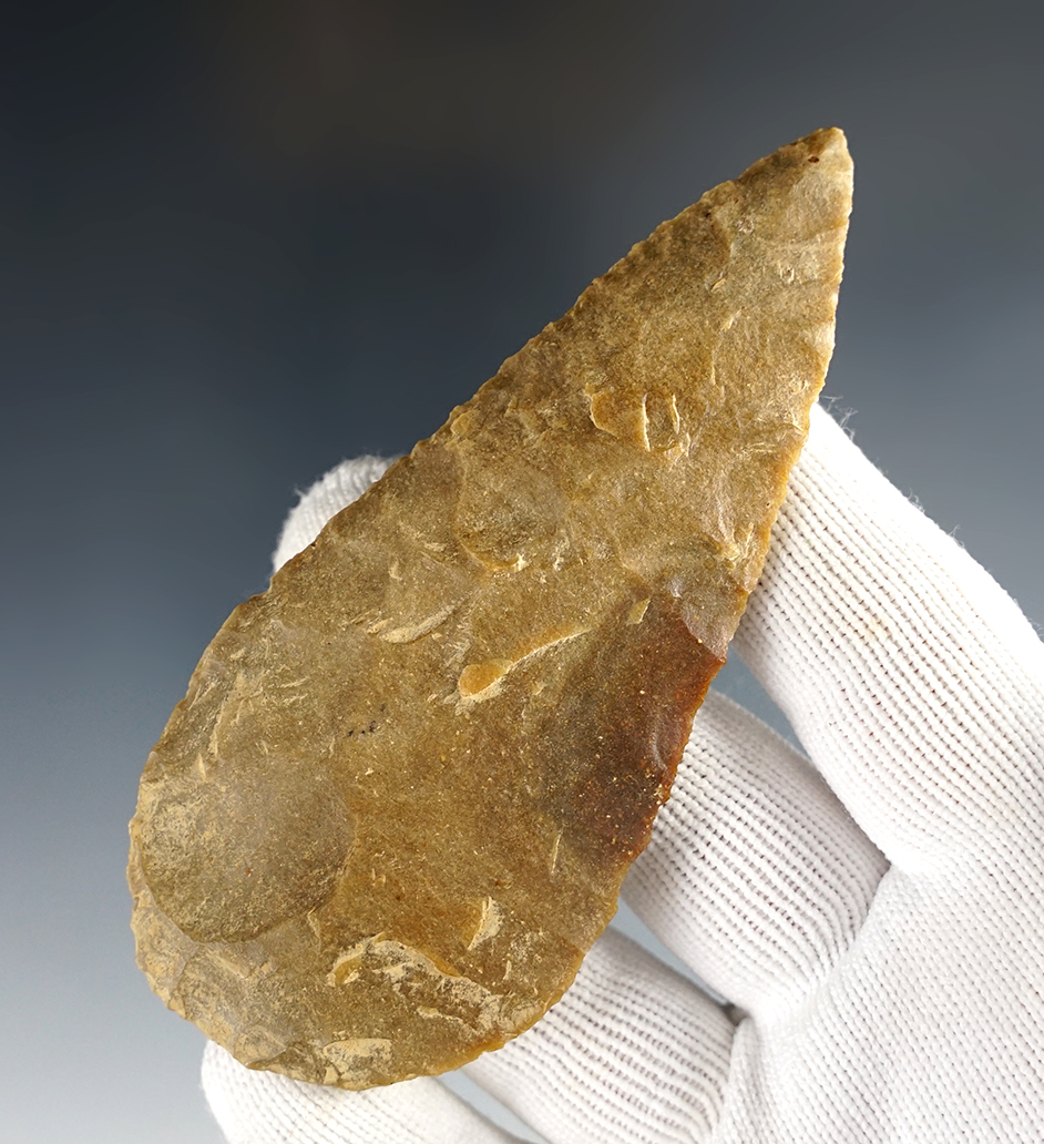 Well patinated 3 3/4" Adena Leaf Blade found in Licking Co., Ohio.