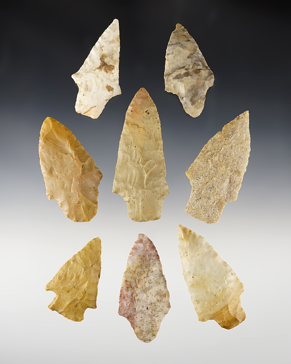 Set of 8 Stemmed points in good condition. Found in Missouri. The largest is 3 1/16".