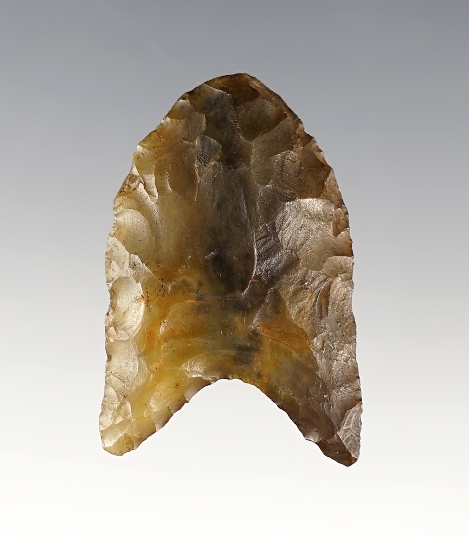 1 9/16" Paleo Clovis - heavily patinated and semi-translucent Flint Ridge Flint. Licking Co., Ohio.