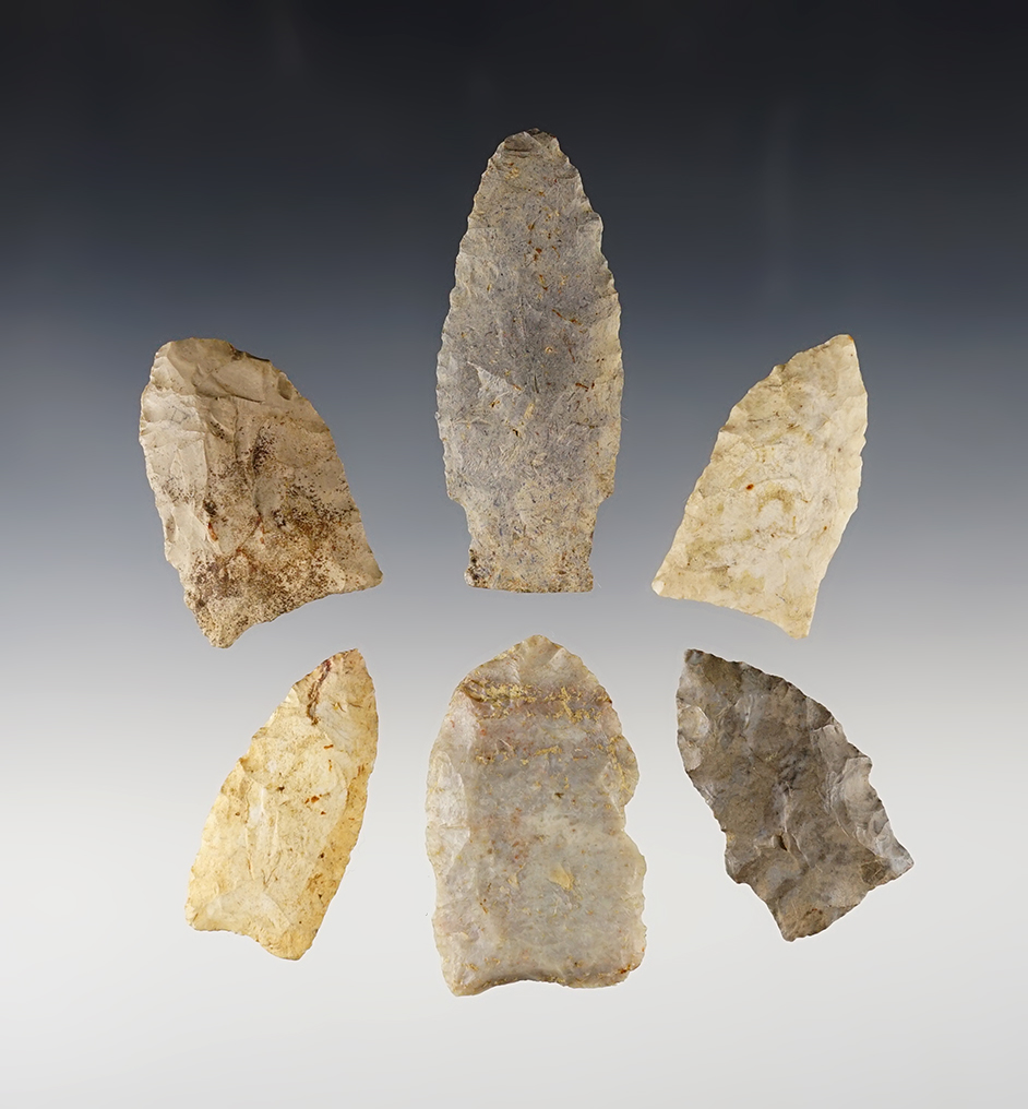 Set of 6 Ohio Late Paleo points in good condition. The largest is 2 3/4".