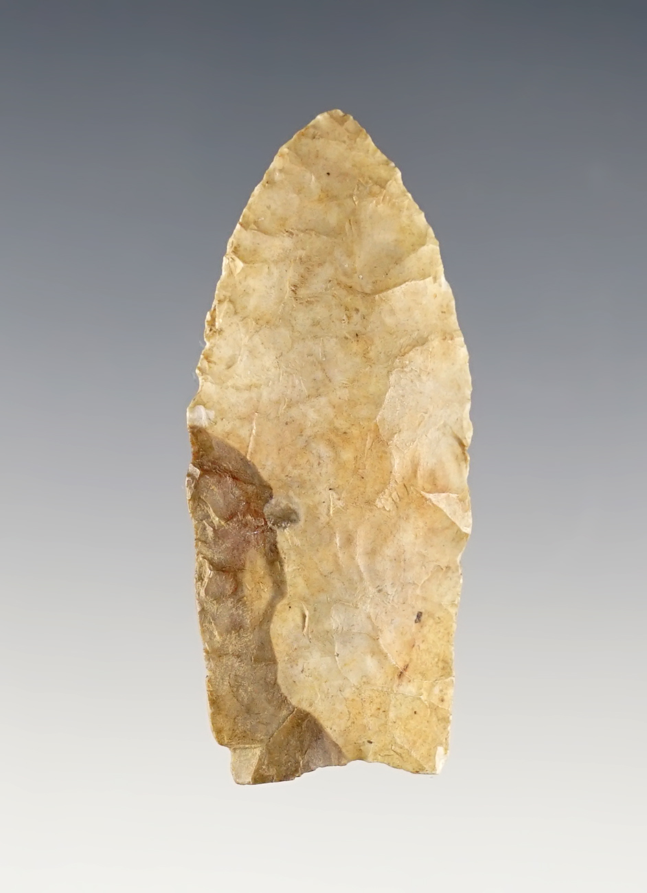 1 15/16" unfluted Paleo point with nice grinding to the lower blade edges. Found in Stark Co., Ohio.