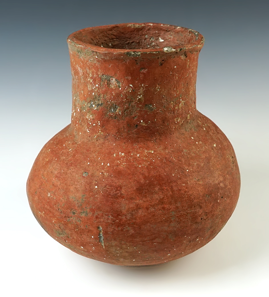 6" tall x 6" wide Ancient Redware Pottery Vessel - shell tempered clay, with two probe holes. 