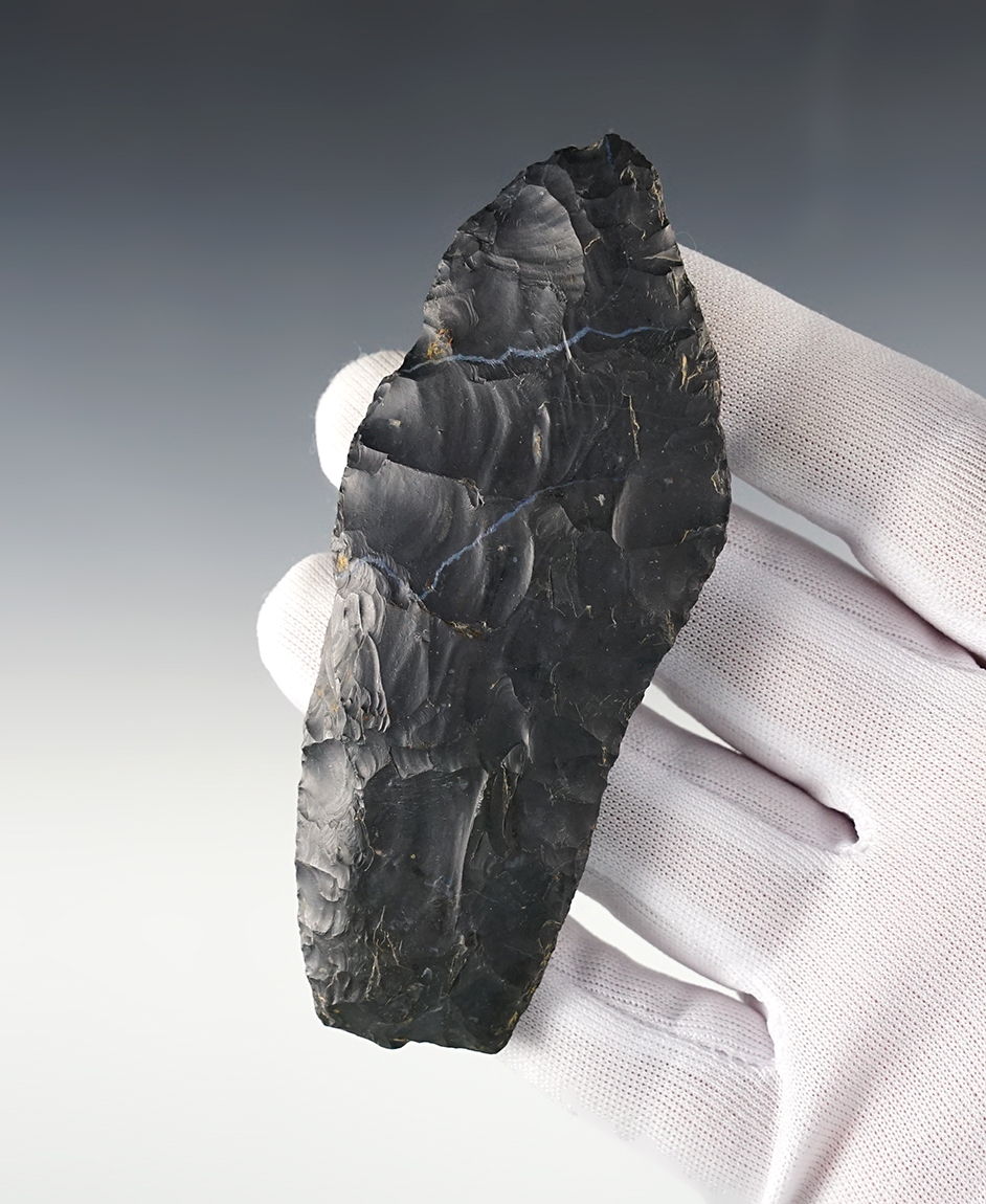 Uniquely styled 4 1/4" Ohio Stemmed Paleo Knife - patinated Coshocton Flint. Ex. Jim Mills.