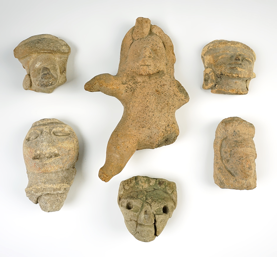 Set of 6 Pre-Columbian Pottery Figures and Heads found in Mexico. The largest is 6 1/4".