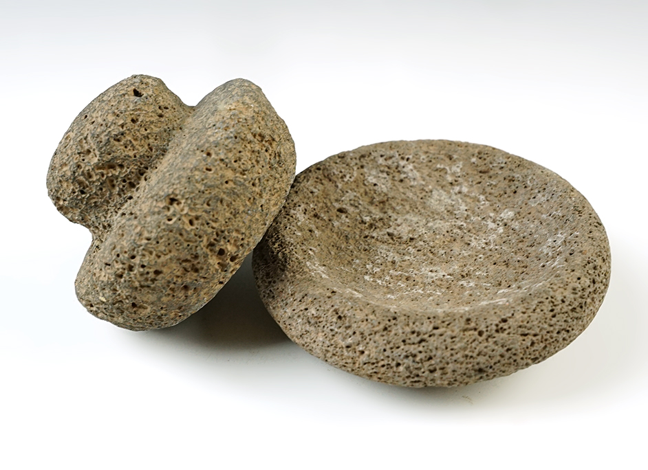 3 11/16" diameter Stone Medicine Bowl with matching Knob-Top Grinder. New Mexico area. 