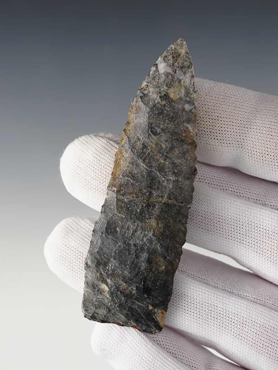 3" Paleo Lanceolate that is nicely made from Coshocton Flint. Found in Stark Co., Ohio. Ex. Phillippi.