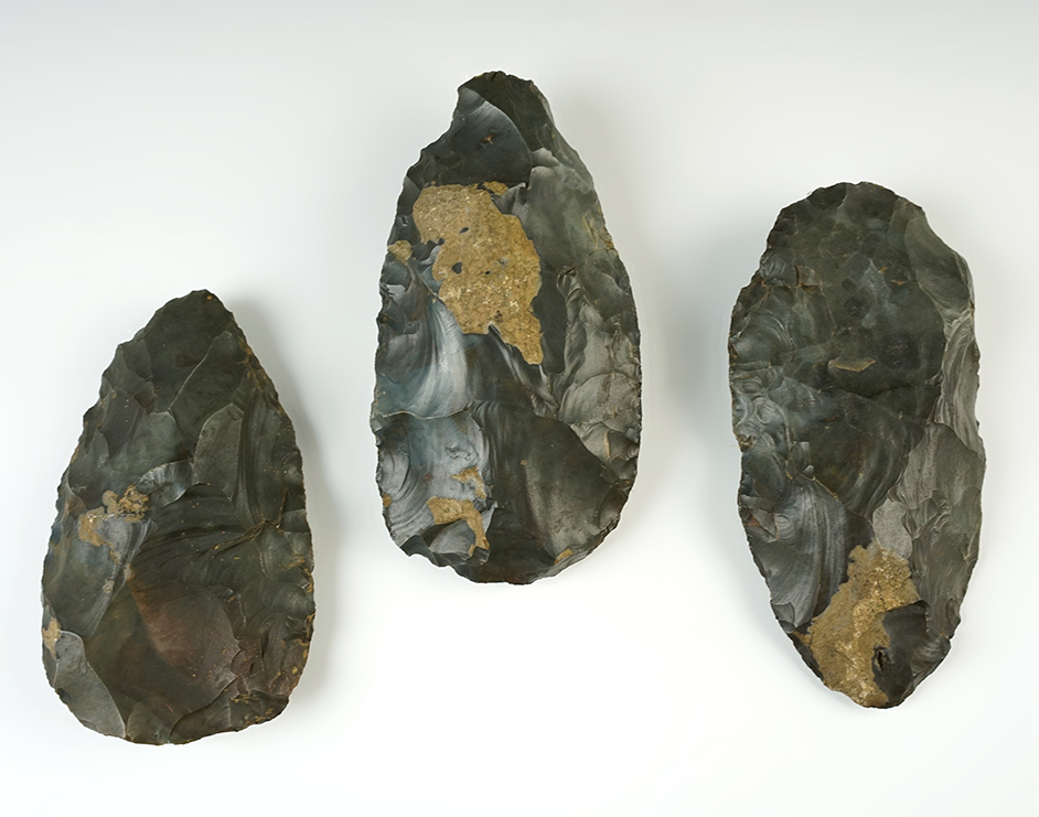 Set of 3 Sonora Flint Blanks found in Kentucky. From an old pre-1930's collection. Largest is 5 5/8".