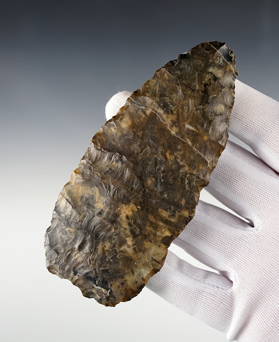 Well patinated 4 3/4" Paleo Blade found in Richland Co., Ohio. Made from Coshocton Flint.