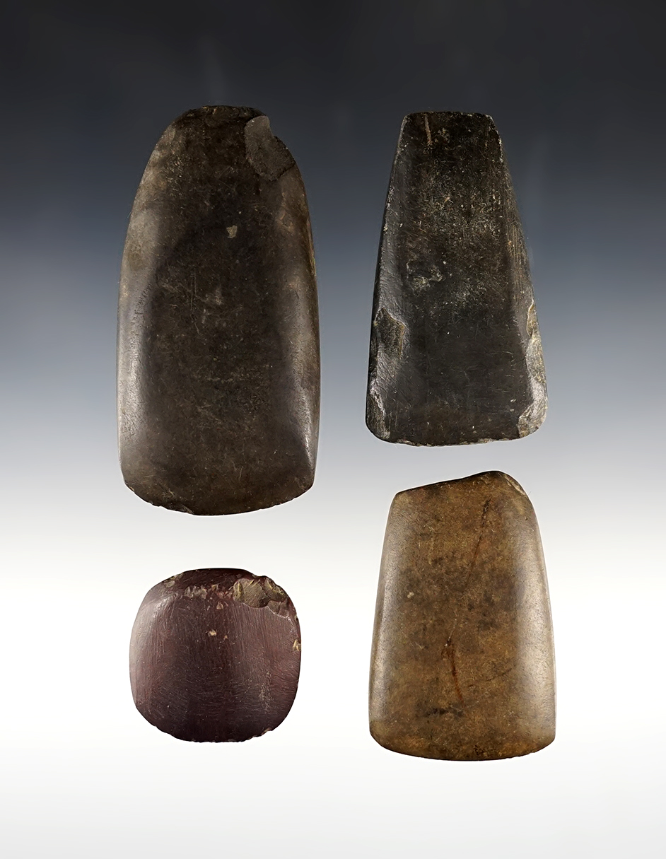 Set of 4 Ohio Celts. 1 is made from Hematite. The largest is 3 3/8".