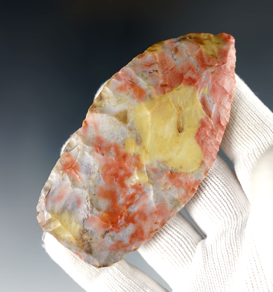 3 1/2" highly colored Flint Ridge Flint Paleo Knife with blues, red and yellow. Licking Co., Ohio.