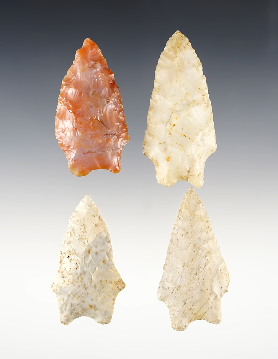 Set of 4 classic Ohio Paleo Transitional points. 1 is made from "jewel grade" Flint Ridge Flint. 