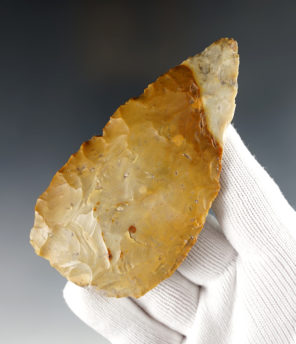 3 5/8" nicely colored Adena Blade found in Franklin Co., Ohio. Ex. Jim Hawks.