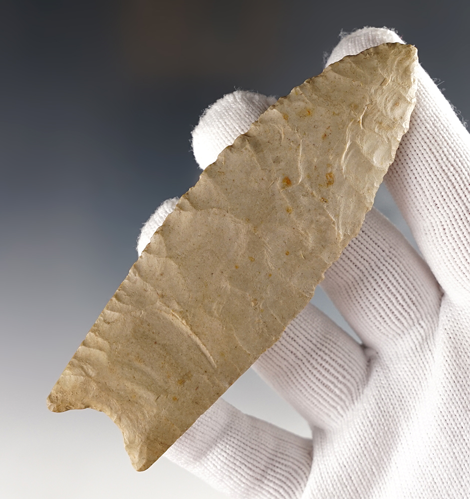3 7/8" Paleo Fluted Clovis - patinated beige Chert.Perry Co., Ohio. Jackson and Bennett COA's. 