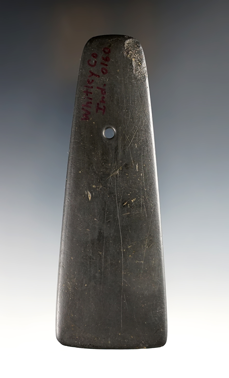 Thin 4 7/8" Pendant found in Whitley Co., Indiana. Slate that is well polished. Ramp  # O-160.