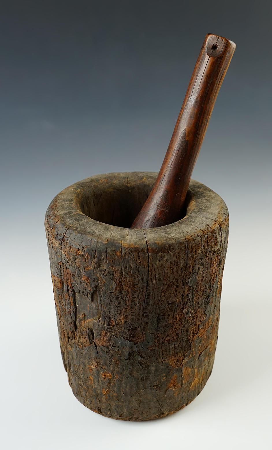 7 1/2" tall Iroquois Wood Mortar and Pestle set. Recovered in the New York area. 