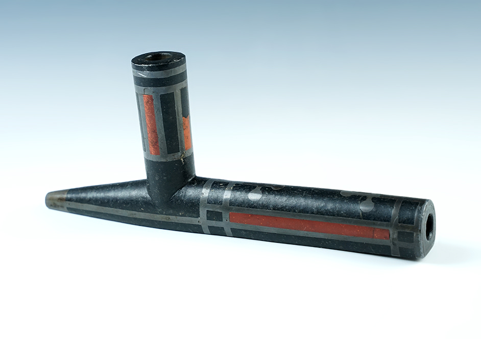 Large! 10" x 1 1/8" Historic Period Pipe. Lead and Catlinite inlays. Bennett COA. 