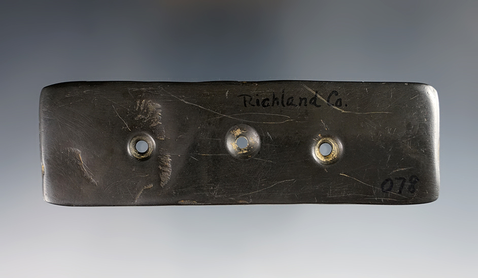 4 5/8" Three Hole Gorget - Slate with 5 tally marks. Richland Co., Ohio. Ex. Ramp.