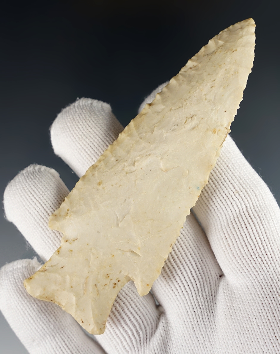 3 3/4" Hardin Barbed with excellent edge serrations. Found in 1978 in St. Louis Co., Missouri. 