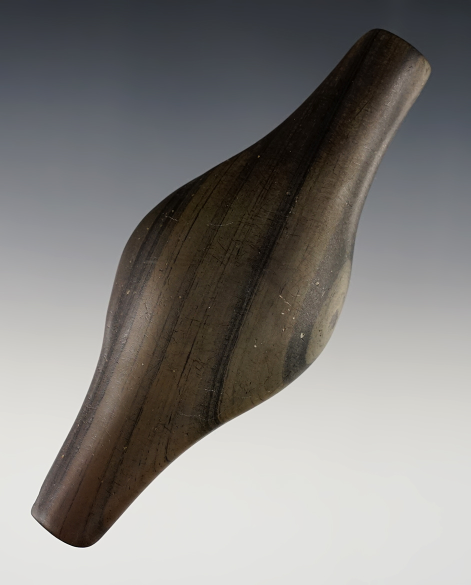 4 7/16" Undrilled Expanded Center Gorget made from beautifully banded Glacial Slate. Ohio. 