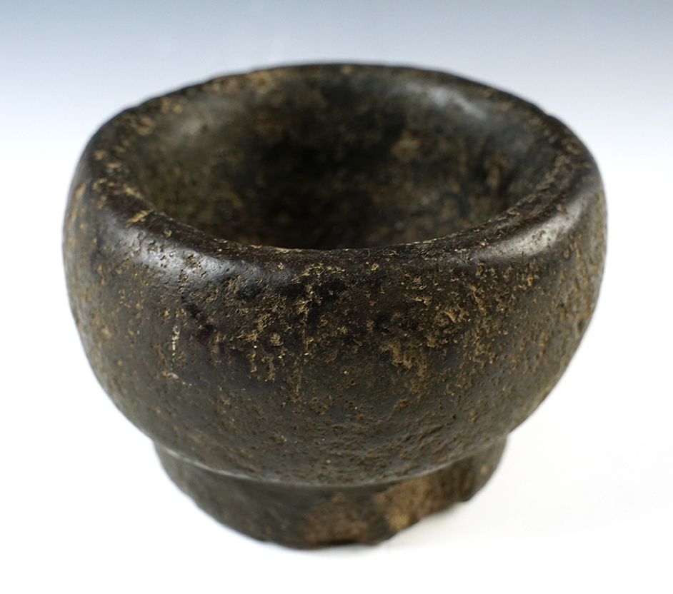 5 1/2" wide by 3 1/2" tall Pre-Iroquois Stone Bowl with a pedestal base. New York area. 