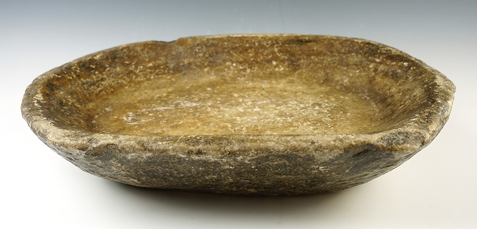 Well styled 14 1/2" x 9 1/2" hand carved Steatite Bowl. Heavily patinated.