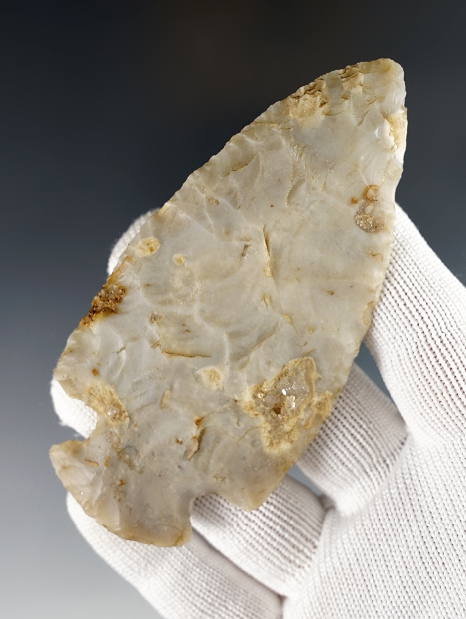 3 7/8" Hopewell -semi-translucent Flint Ridge Chalcedony. Erie Co., Ohio. Ex. Jim Miller.
