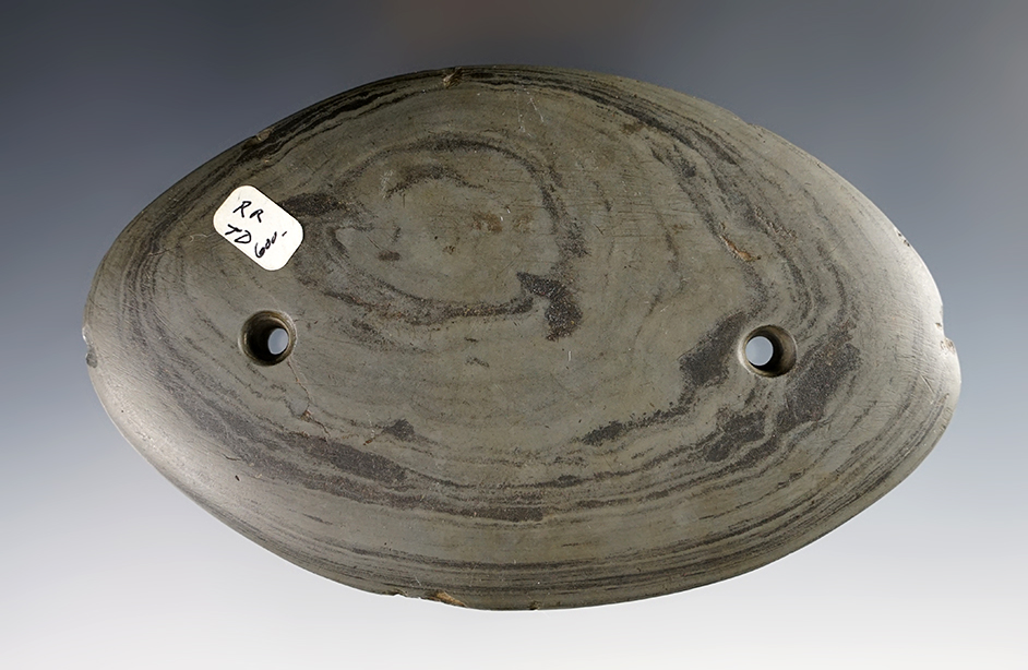 5" Oval Gorget in excellent condition. Banded Slate. Found in Vigo Co., Indiana. Ex. Payne.
