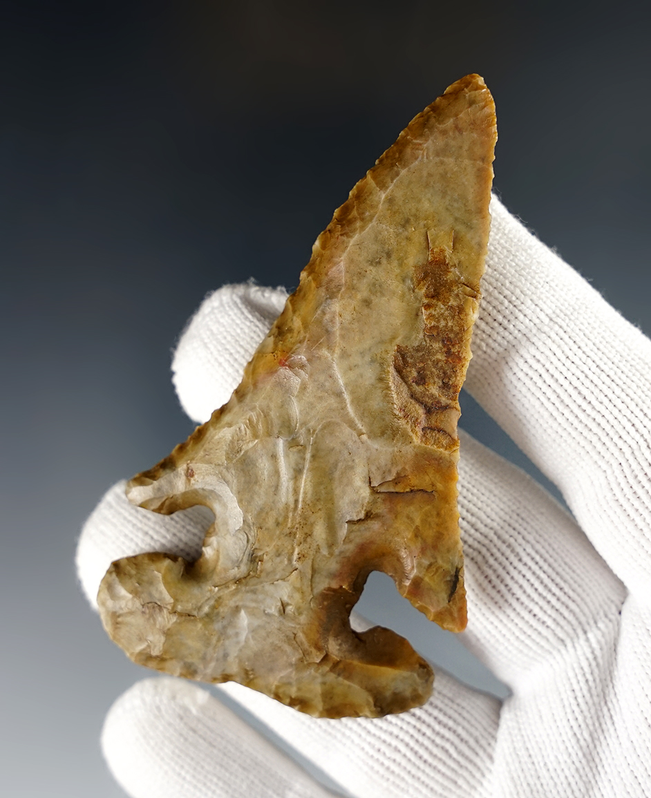 3 3/16" Thebes E-Notch - Flint Ridge Flint. Steeply beveled with nice basal grinding. Ohio.