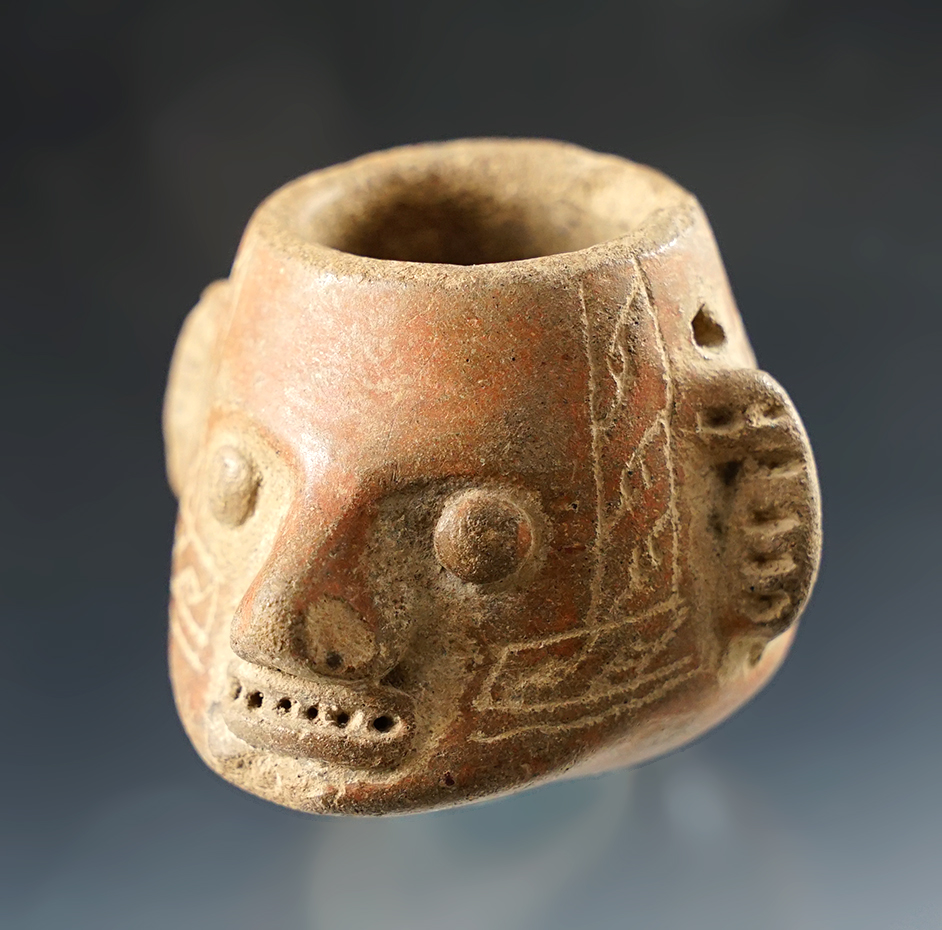 Rare! 1 7/8" x 1 3/8" miniature Precolumbian Clay Head Pot - Costa Rica. Ex. Jim Miller. 