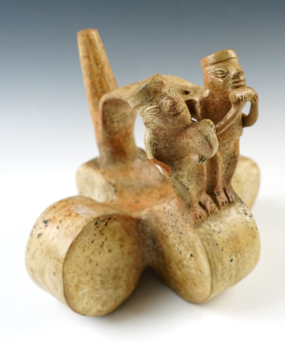 6 3/8" tall Dual Whistle Pot with handle and spout. South America. 200 BC. Ex. Richard Shively.