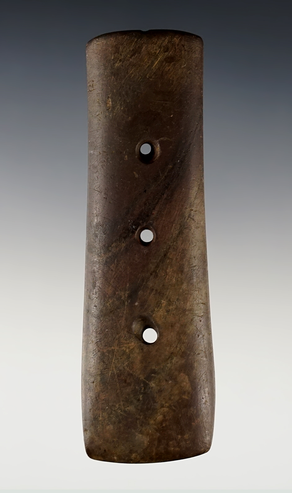 4 1/16" anciently salvaged Three Hole Gorget found in Erie Co., Ohio. Ex. Bill Tiell.