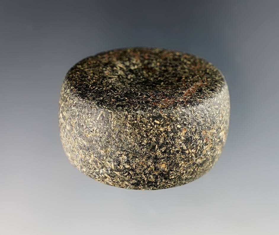 Fine 1 3/4" Discoidal - dimpled on both faces. Speckled Diorite. Adams Co., Ohio. Ex.  Havens.