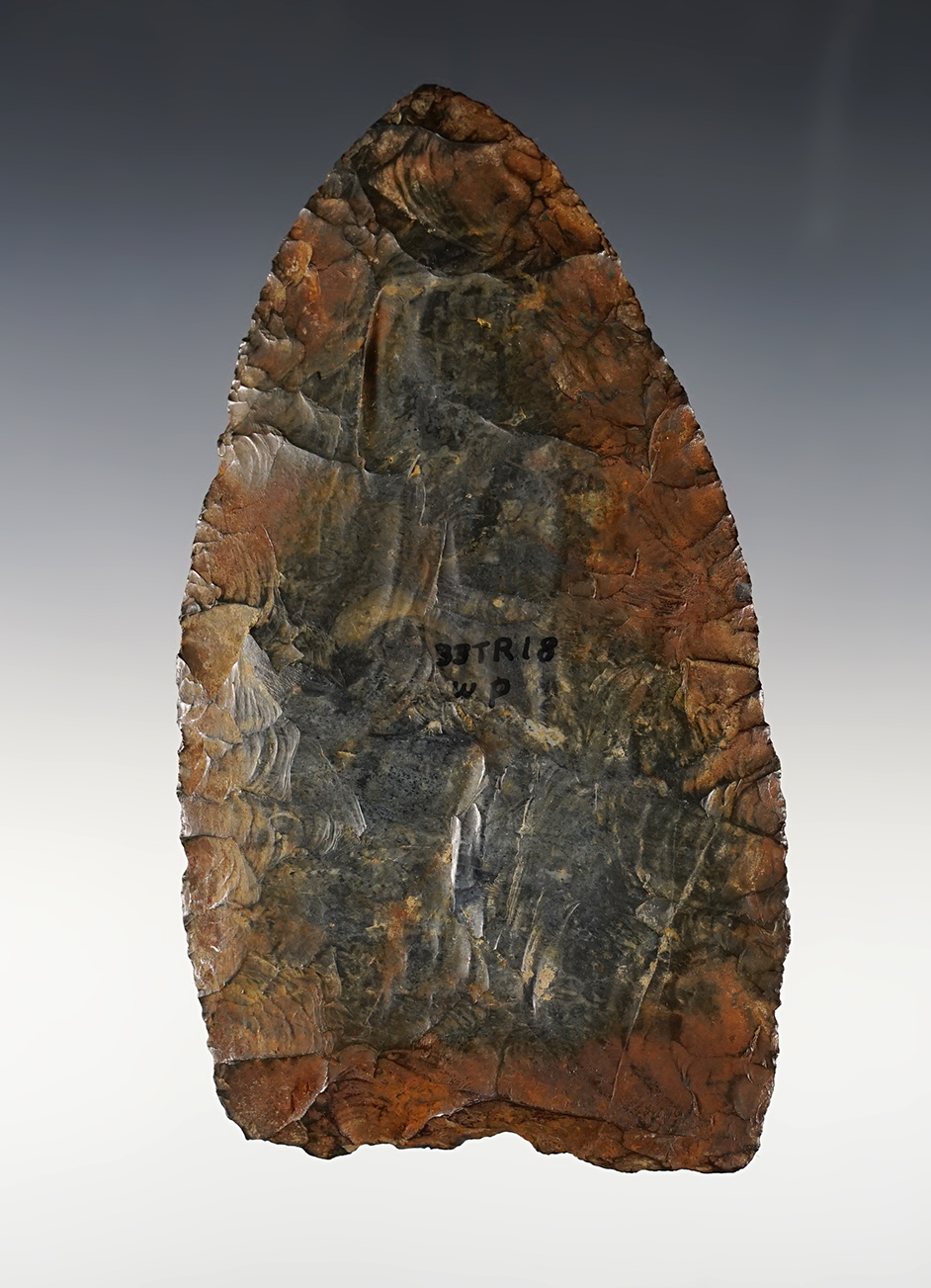 5" Coshocton Flint Paleo Knife - red ochre on one side. Found by William "Curly" Platt in  Ohio. 