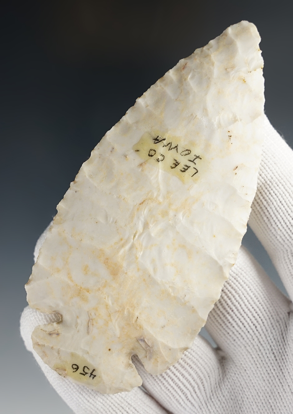 Excellent flaking on this 3 13/16" rare style Micro-notch Dovetail found in Lee Co., Iowa.