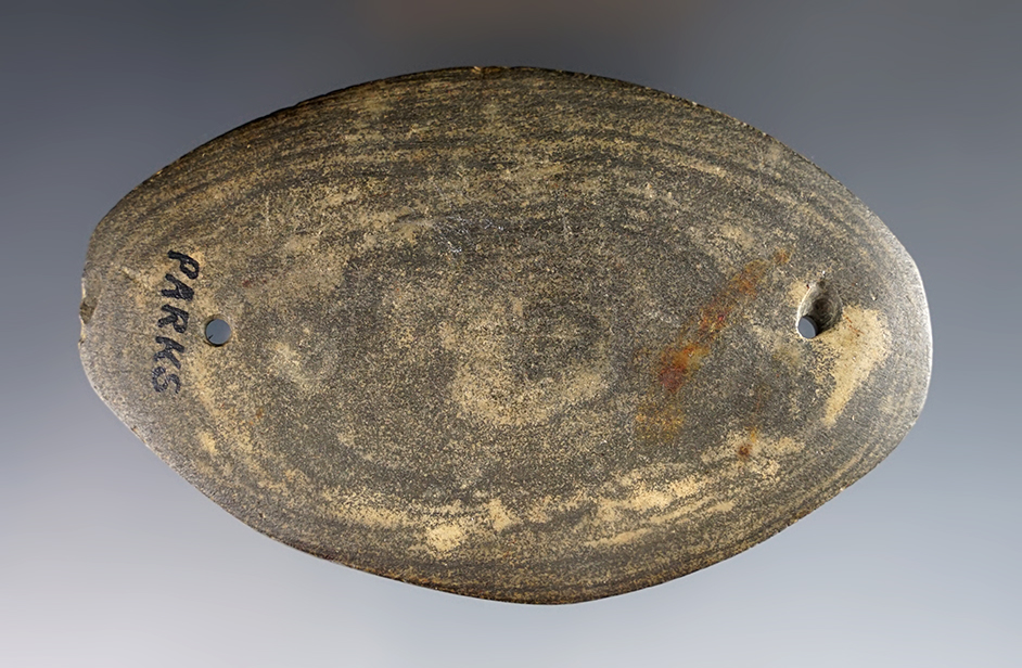 3 15/16" Oval Gorget - banded Hardstone. Michigan. Tally marked. Ex. David Ramp, Parks.