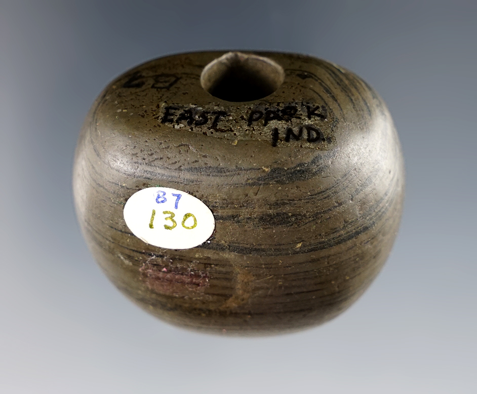 1 7/8" Fluted Ball Bannerstone - Indiana - Banded Slate. Ex. Cameron Parks.