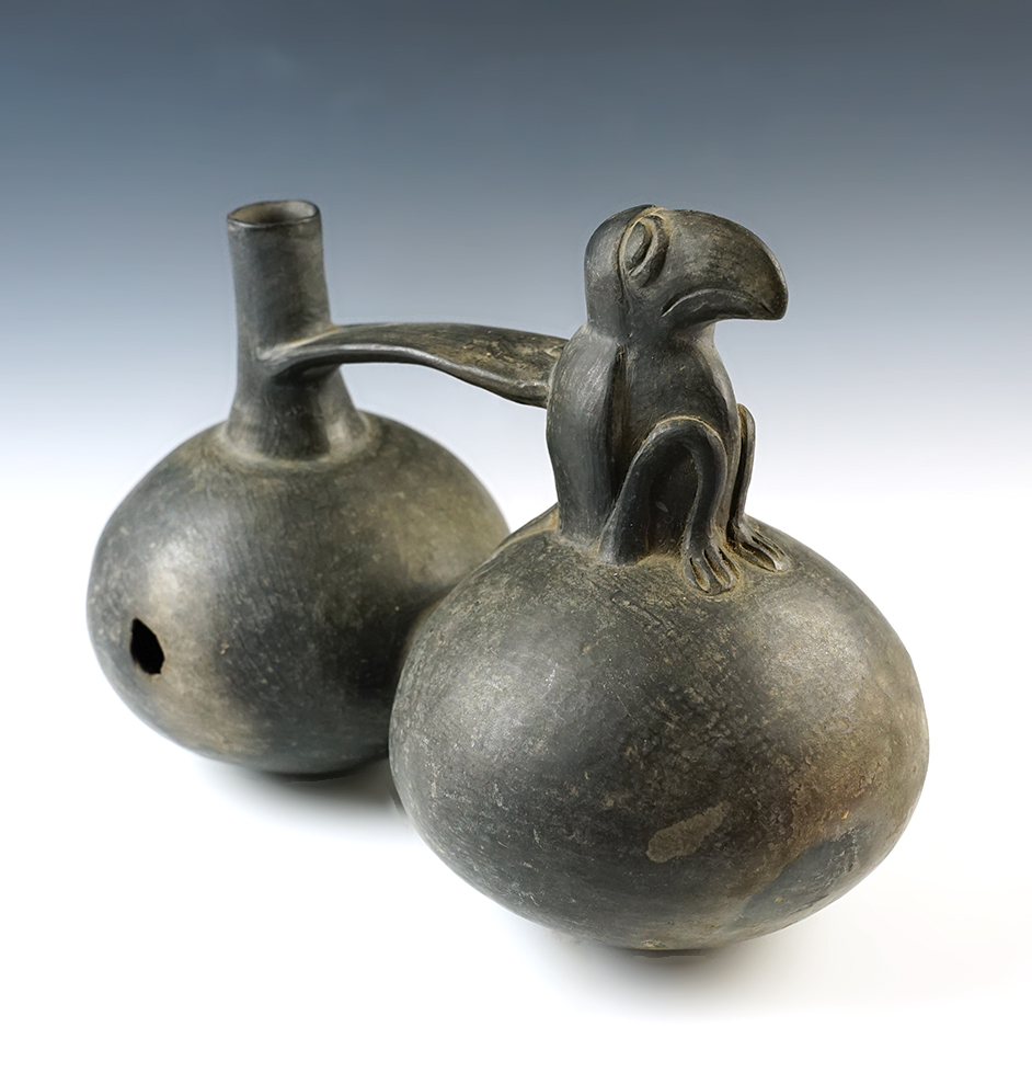 10 1/4" x 6 3/8" Pre-Columbian Chimu Avian Effigy dual chamber Pottery Vessel.