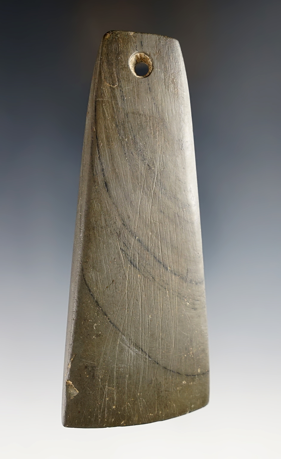 4 3/8" Bell Pendant made from  green and black Banded Slate. Found in Adams Co., Indiana. 