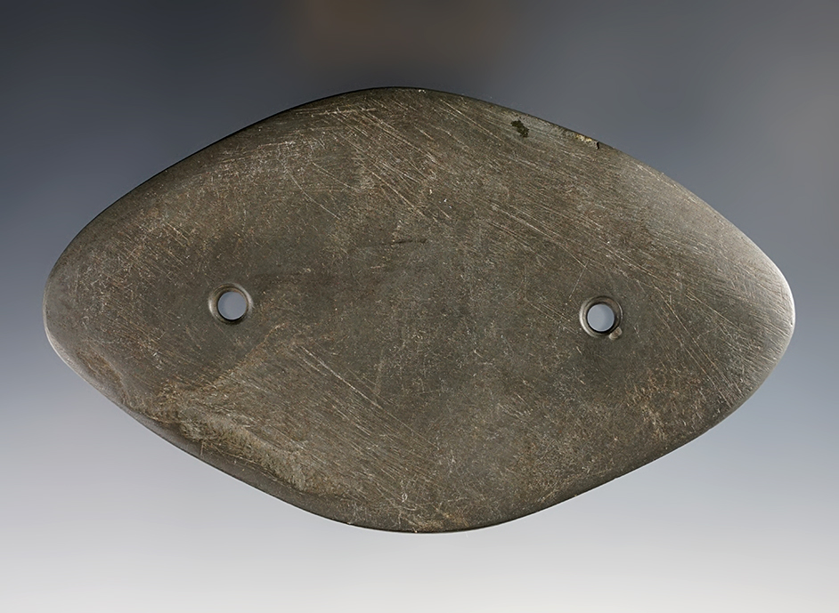 5 7/16" long by 3 1/4" wide Elliptical Gorget - dark green Slate. Found  Indiana in 1935. 