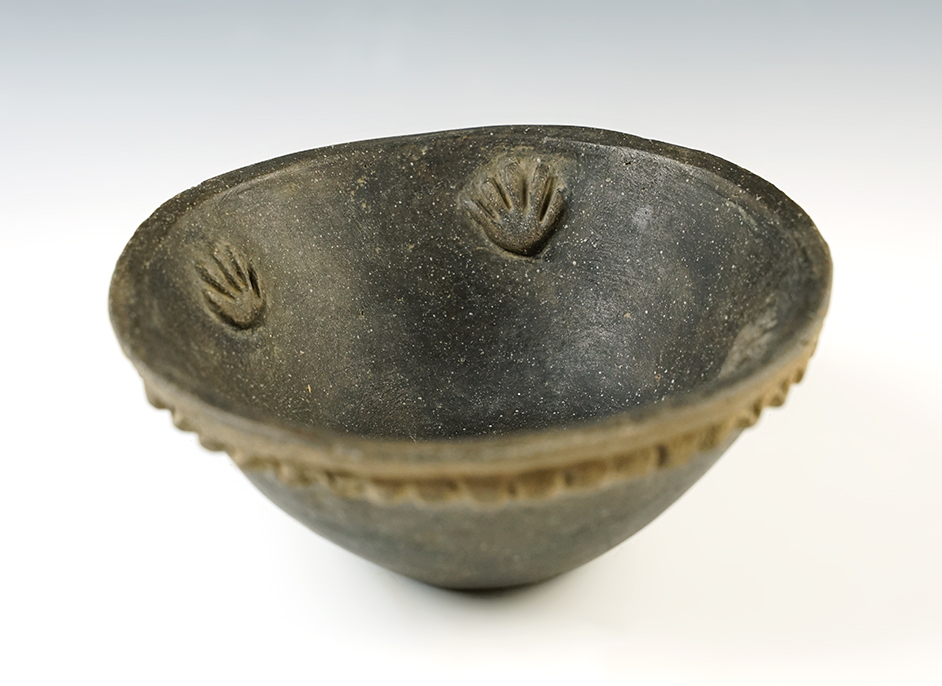 6 1/4" wide x 2 3/8" tall Mississippian Bowl with 4 human hand interior appliques.