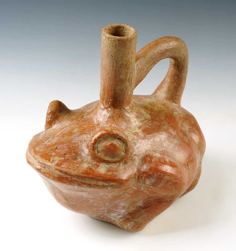 6 1/2" x 6" Precolumbian Moche Frog Effigy Stirrup Bottle - South America.