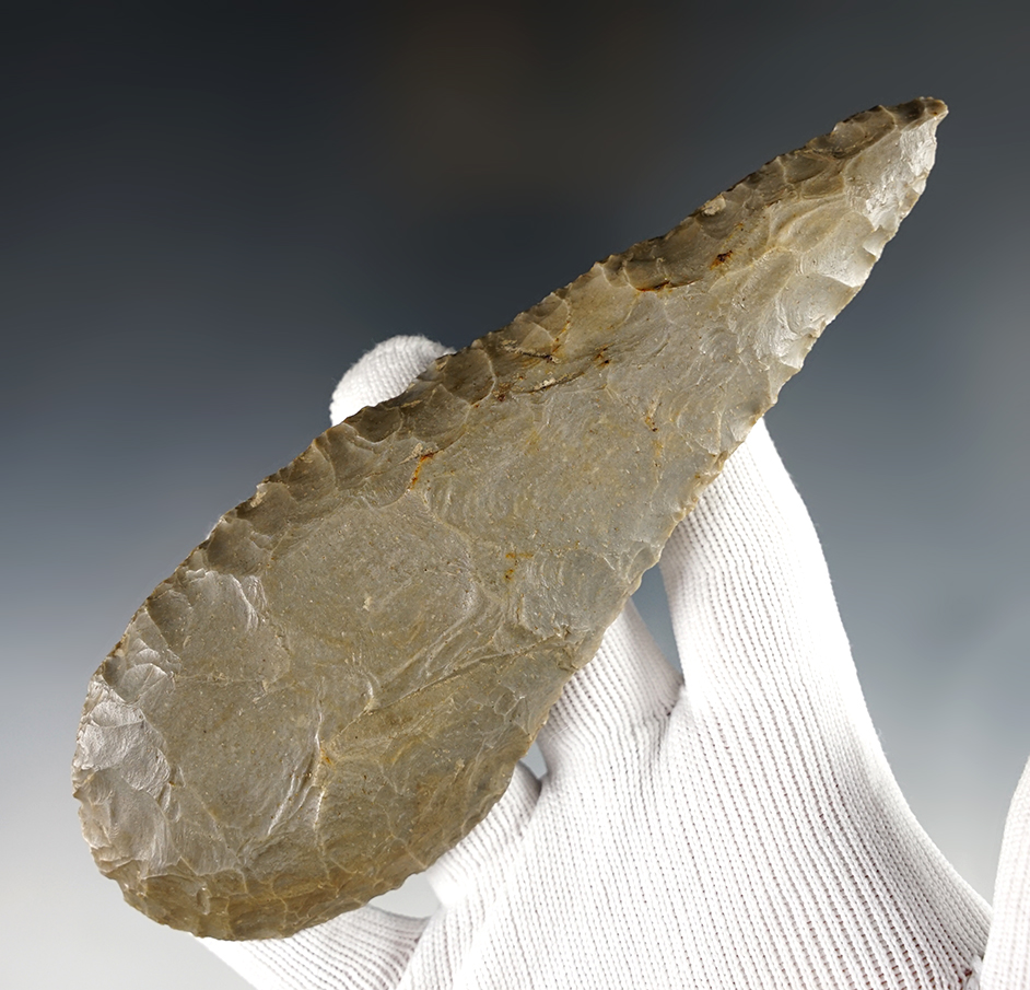 Large 6" Cobbs Blade found in Delaware Co., Indiana. Made from Hornstone.  Bennett COA.