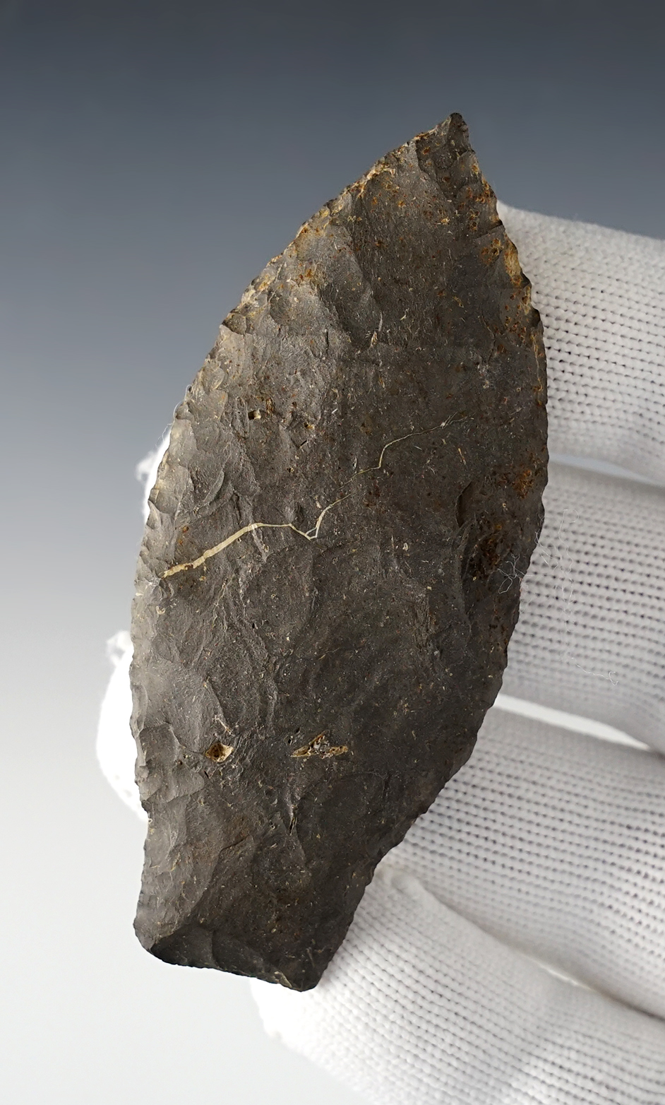 Well made 3 1/8" Stemmed Paleo Lance found in Logan Co., Ohio. Made from Nellie Chert.