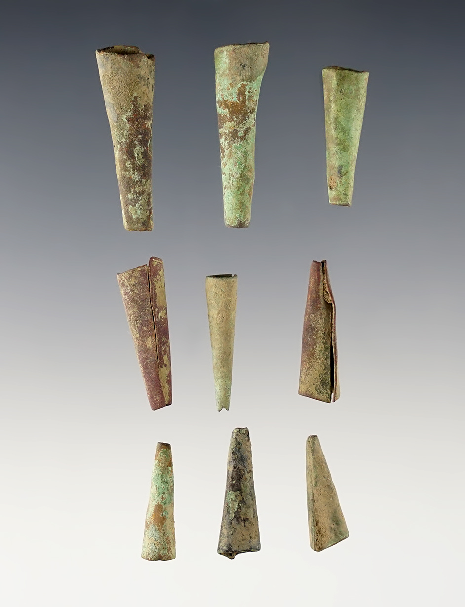 Set of 9 Brass Tubular Cones found at the Dann Site, Lima, Monroe Co., New York. Circa 1655-1675.