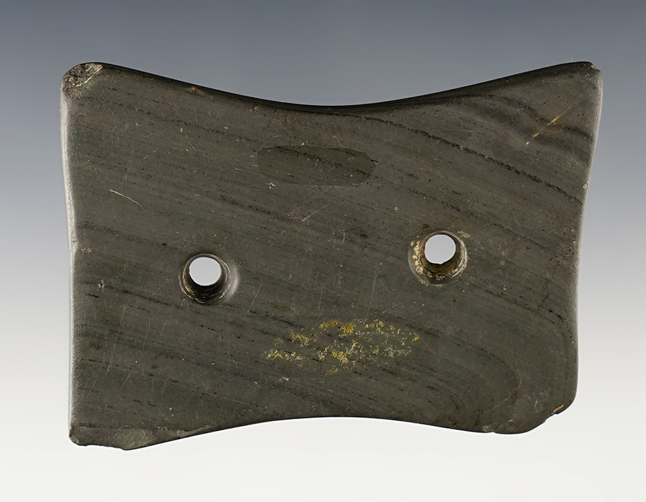 Well patinated 3 3/16" Quadriconcave Gorget found in Brown Co., Ohio. Ex. Link collection.