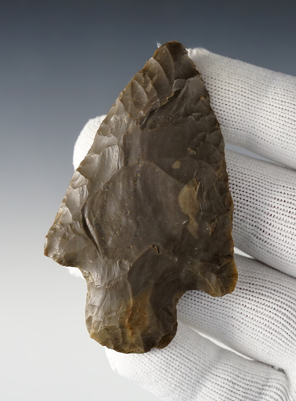 3 1/8" well styled Adena made from patinated Hornstone. Found in the Indiana area.