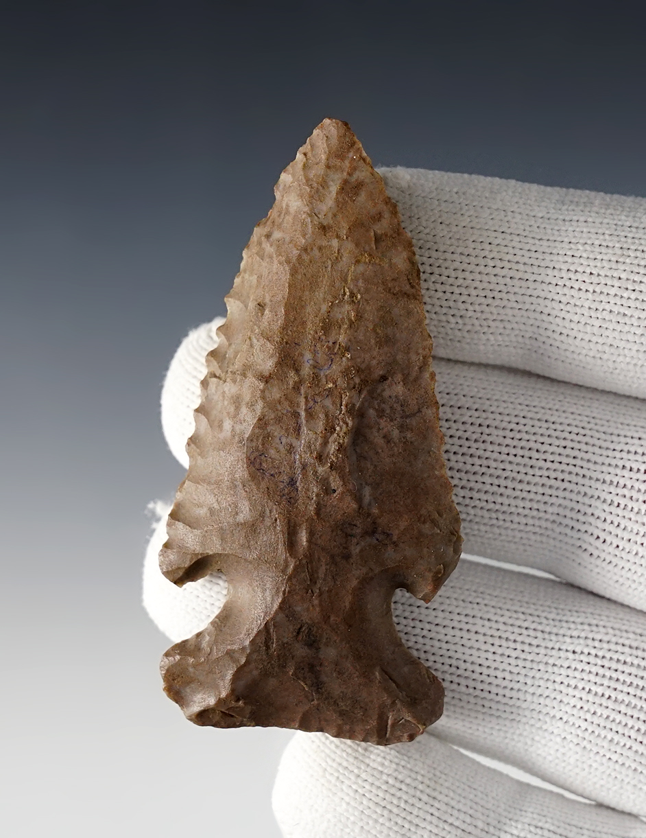 Well patinated 2 3/4" Thebes Bevel with excellent basal grinding. Found in the Ohio/Indiana area.