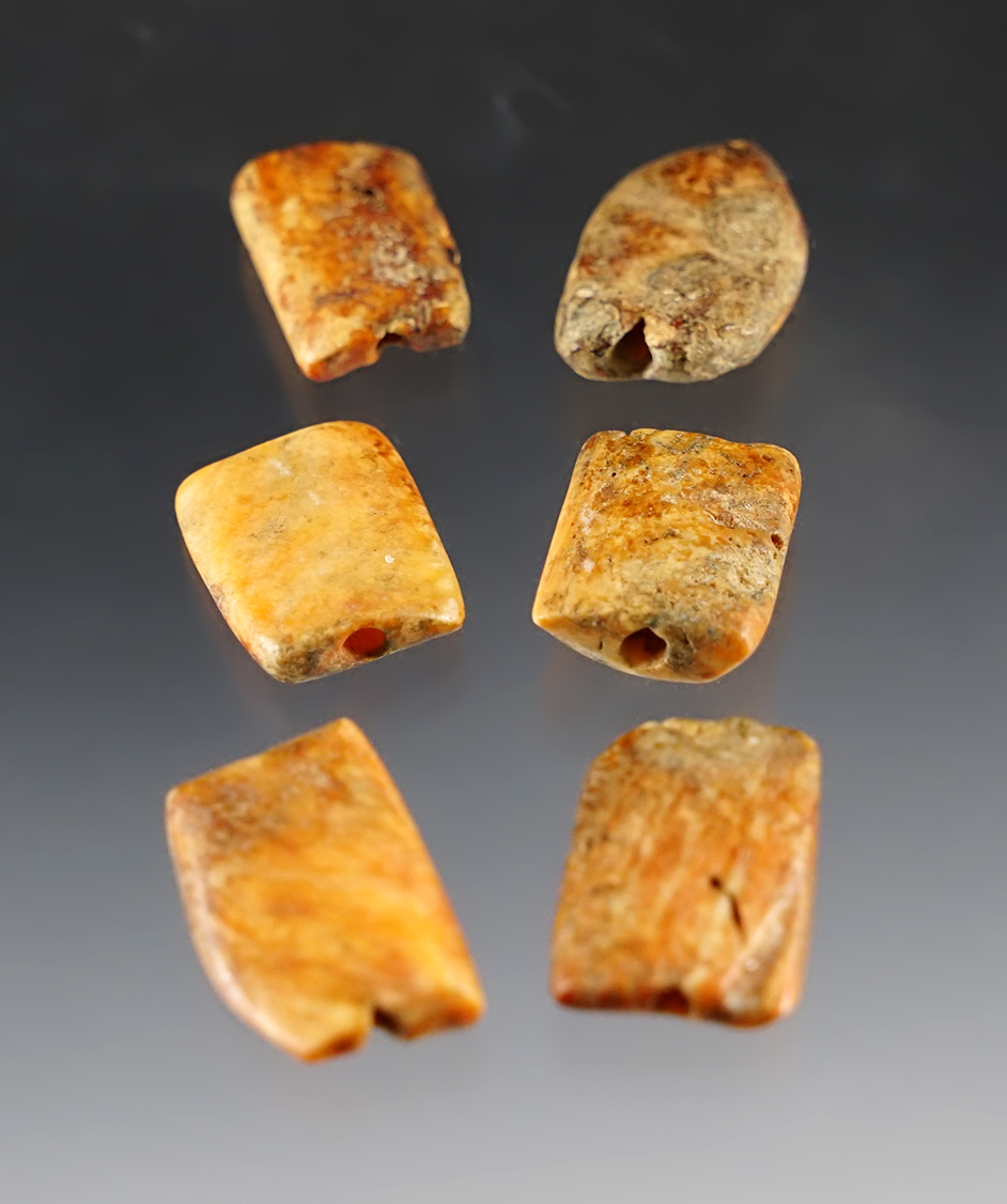 Set of 6 flattened spondylus Shell Beads, west Mexico, 100 BCE -250 CE. 