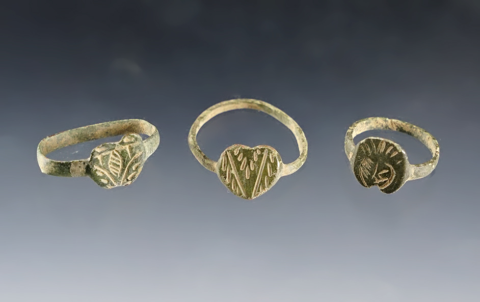 Set of 3 Trade Rings. 2 Heart and 1 misc. Found at the White Springs Site, Geneva, New York.